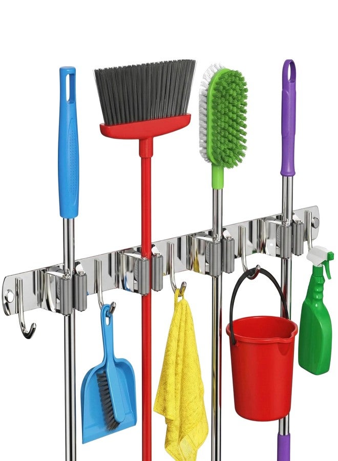 Home Elem Broom Mop Holder Wall Mount Stainless Steel Wall Mounted Storage Organizer Heavy Duty Tools Hanger with 4 Racks 5 Hooks for Kitchen Bathroom Closet Garage Office Garden 1Pc broom holder - Image 1